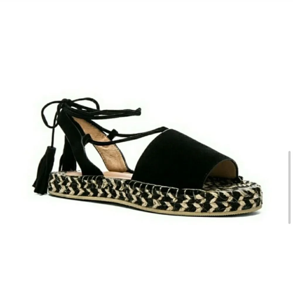 Revole Raye Espadrilles Black Leather Suede Lace up Tassel Detail Size 8.5
